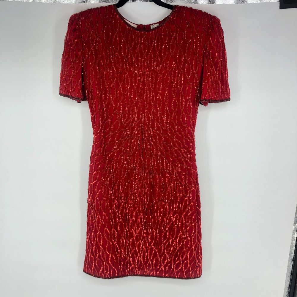 Laurence Kazar red sequin embellished dress Vintage Silk Pattern Petite Small PS